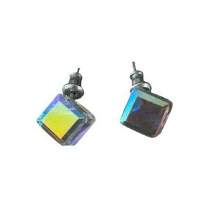 Swarovski Austrian Crystal Prism Aurora Borealis Beveled Cube Stud Post Earrings